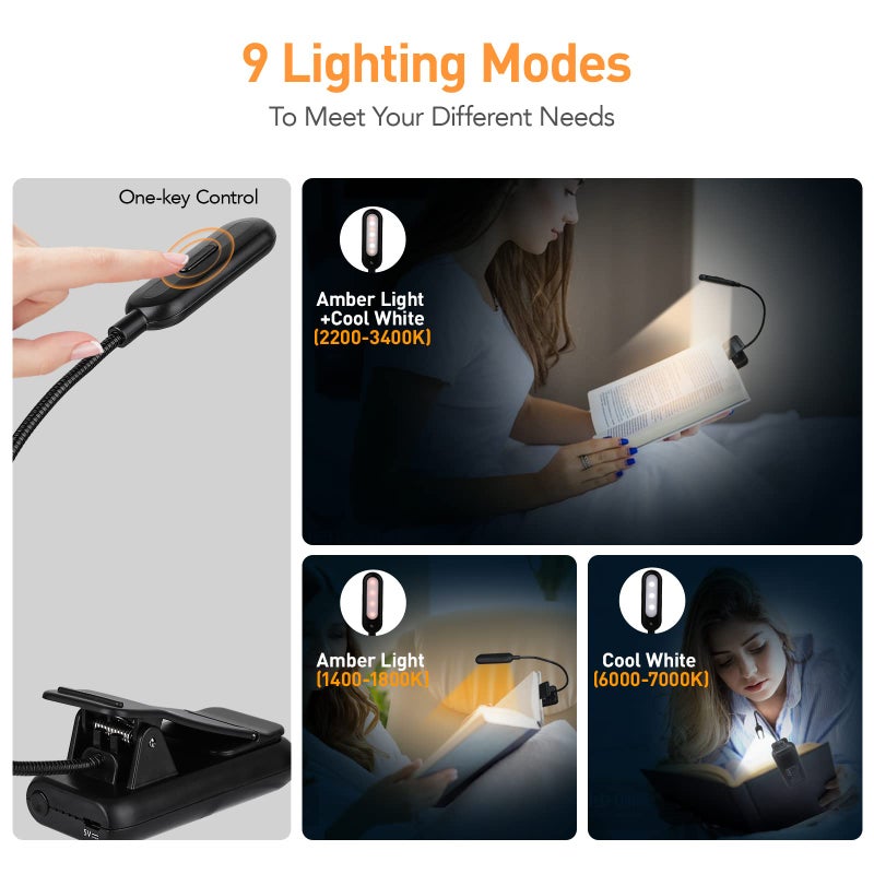 VAVOFO Amber Rechargeable Reading Light, Blue Light Blocking Book Light, 7 LEDs Eye Care 9 Colors 9 Brightness Clip On for Kids Bookworms Reading in Bed with Power Indicator Lasting 70h (Black) - Image 2